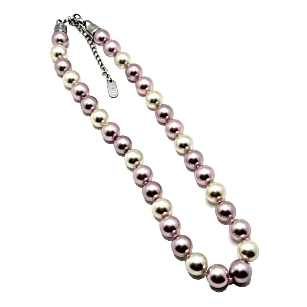 Vintage KISSAKA Faux Pearl Necklace Multicolor Pink Cream Glass Bead Strand 20